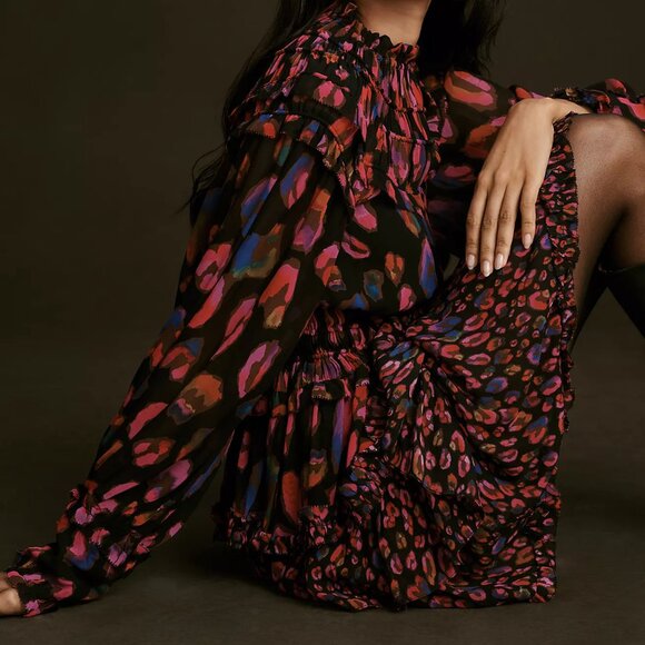 FARM Rio Dresses & Skirts - Farm Rio  iridescent leopard print ruffle long sleeve dress NWT